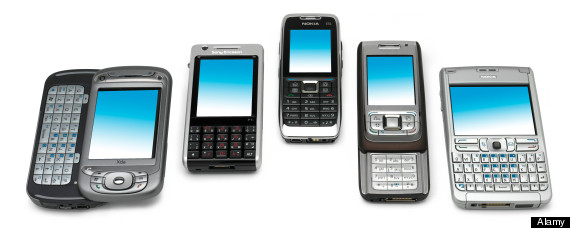 5 mobile phones viewed from angle. Image shot 2008. Exact date unknown.