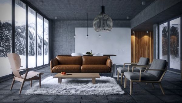 windowed-walls-living-spaces-with-brown-sofas-and-fur-rugs