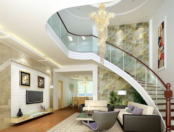 Brick-wall-bending-stairs-in-villa-living-room