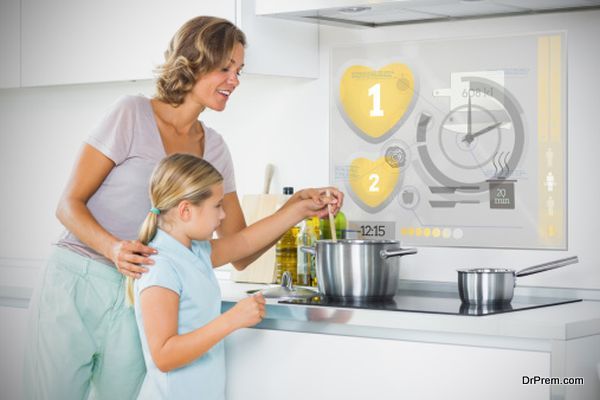 Mother and daughter making dinner using futuristic interface