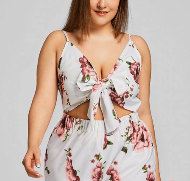 Plus Size Bowtie Floral Cut Out Romper