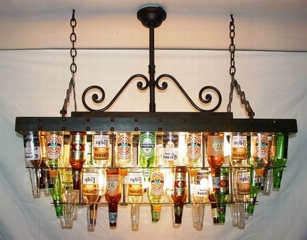An attractive chandelier made of used beer bottles