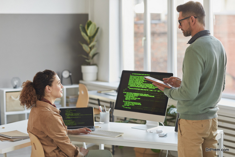 Two computer programmers talking to each other 